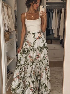 Wayf White Maxi Skirt with Green Leaf and Pink Floral Print